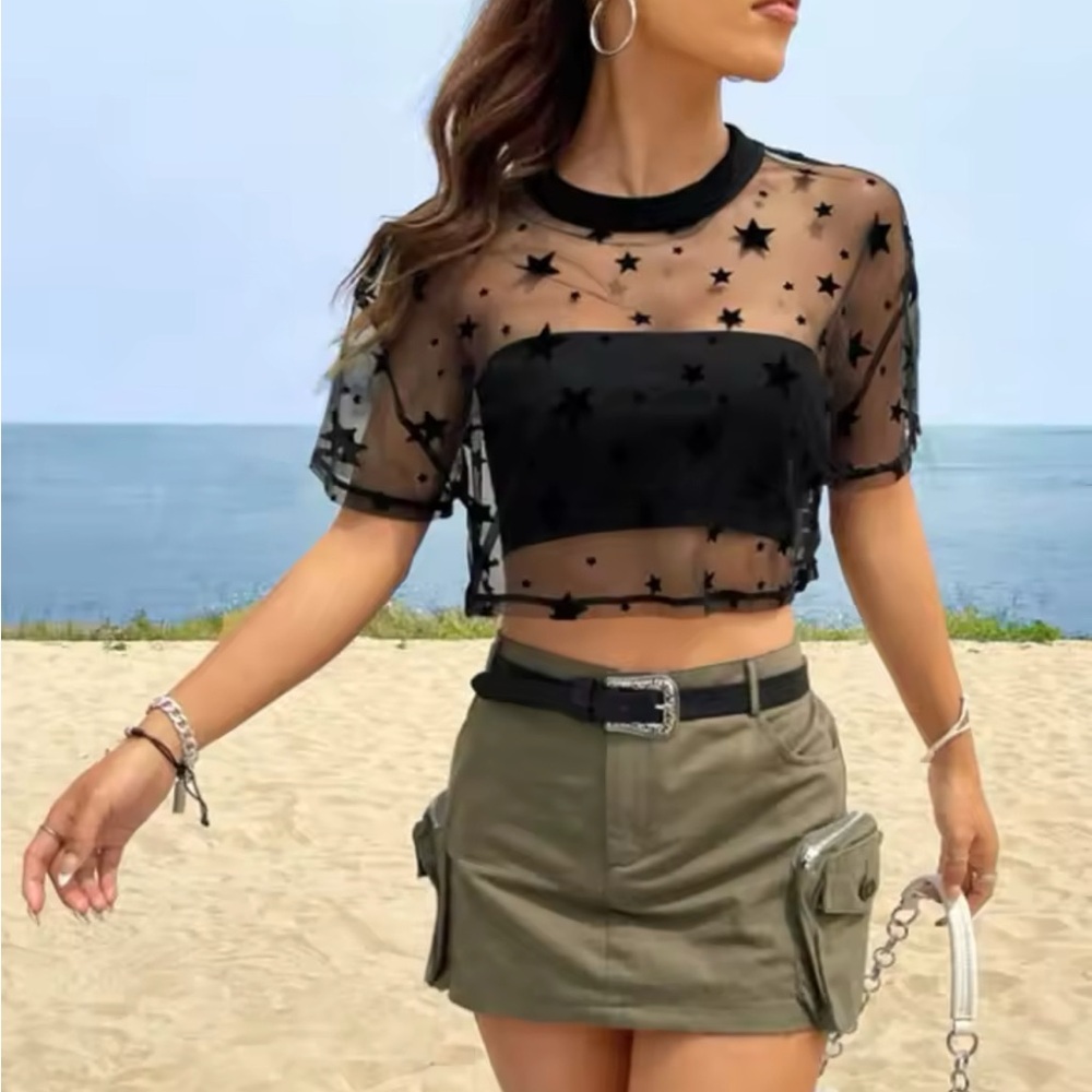 Black Graphic Mesh Crop Top with Short Sleeves 2 for 1 deal $5 - Picture 4 of 8